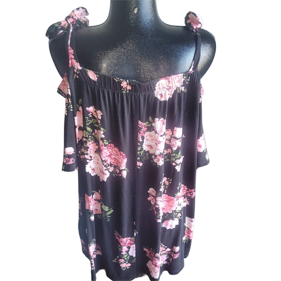 Love & Legend Black Pink Floral Print Short Sleeve Off Shoulder Top 3X - Picture 5 of 6